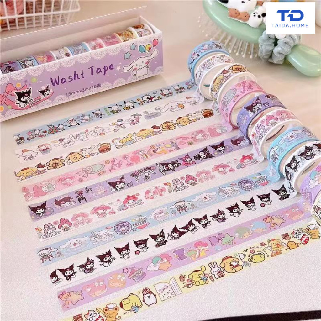 เทปสติกเกอร์การ์ตูนเครื่องเขียนนักเรียน Masking เทปเด็กของขวัญตกแต่ง Kuromi Kapibala HelloKitty Labubu 10 ม้วน/กล่อง