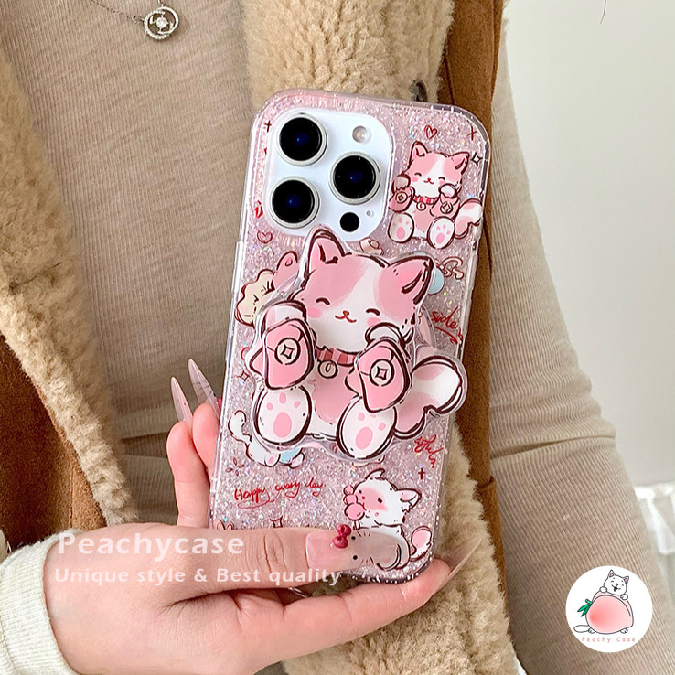 น่ารักหมุนได้สีแดง Rnvelope Cat Holder Stand Glitter เคสโทรศัพท์สําหรับ iPhone 16 15 14 13 Pro Max 16promax IMD กันกระแทกไร้สายชาร์จปกหลัง Shell