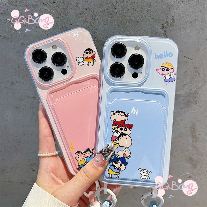น่ารักสีเทียนชานหรูกระเป๋าสตางค์ช่องใส่บัตรสายคล้องคู่ เคสไอโฟน 16 15 11 13 14 12 Pro Max 16 7 8 Plus XR X XS Max SE