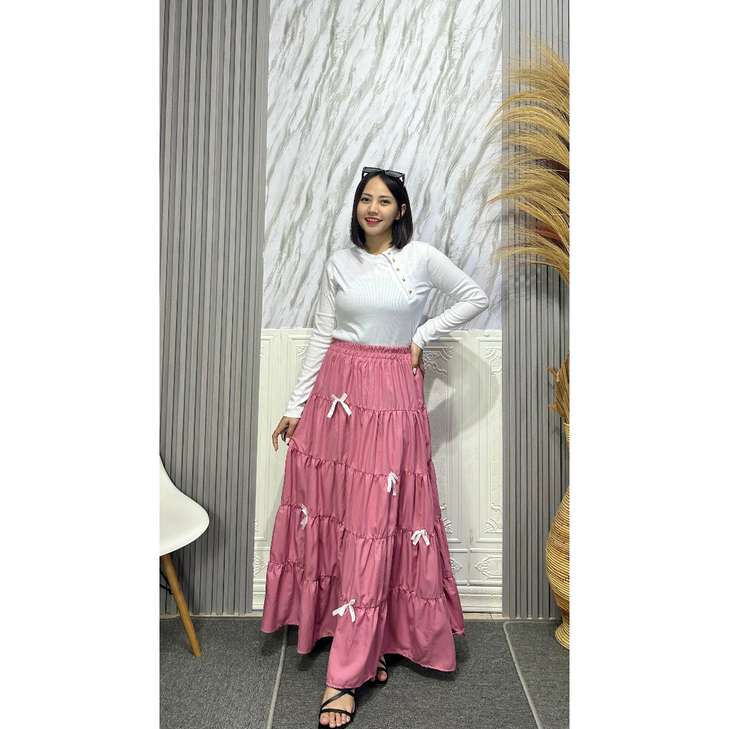 Tq88indonesia Long RIBBON SKIRT / PEONY SKIRT RIBBON / Maxi SKIRT อินเทรนด์ / กระโปรงจับจีบชั้น