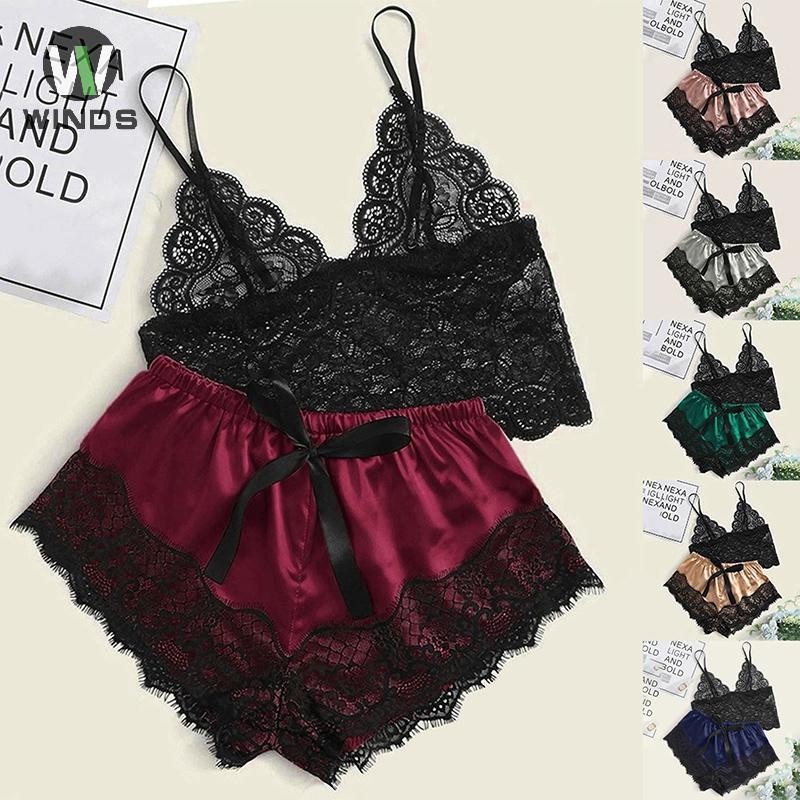 Ods 1 ชุดนอนชุดสตรีลูกไม้ชุดนอนชุดชั้นใน Crop Tops และกางเกงขาสั้น Babydoll ชุดนอนชุดนอน OD