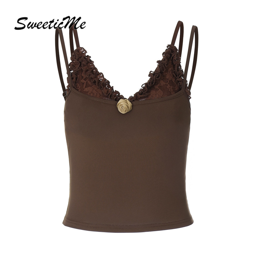 Sweeticme ผู้หญิง 2025 ใหม่แฟชั่นสีทึบเซ็กซี่ V คอสายคล้องคอชุดสองชิ้นเสื้อกล้าม Camisole