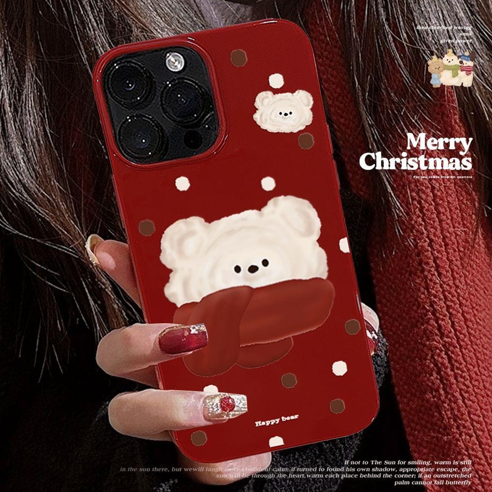 Polka Dot ผ้าพันคอหมี Burgundy ปีใหม่สําหรับเคส iphone 16promax 16pro 16 15promax 15pro 15 14promax 