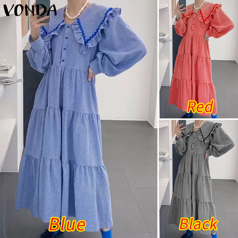 Vonda ชุดเดรสแขนยาวคอปกเด็กลําลองเกาหลีสําหรับผู้หญิง — صورة 3