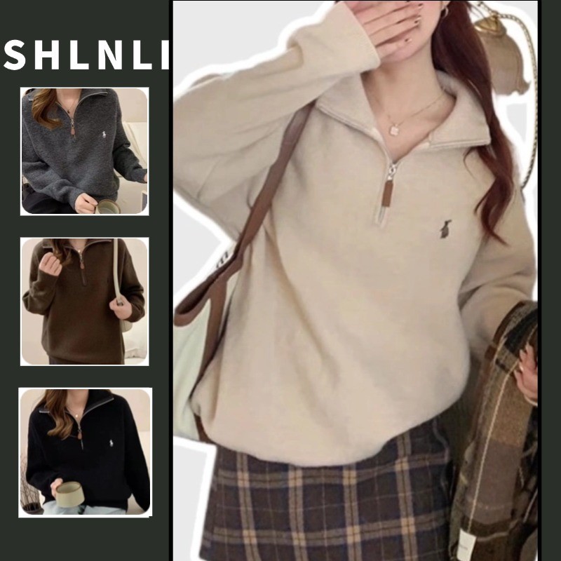เสื้อโค้ทยาวครึ่งซิปรูปแบบเกาหลีสำหรับฤดูใบไม้ร่วงและฤดูหนาว ดีไซน์ลายปัก สเวตเตอร์ทรงคล่องตัว
