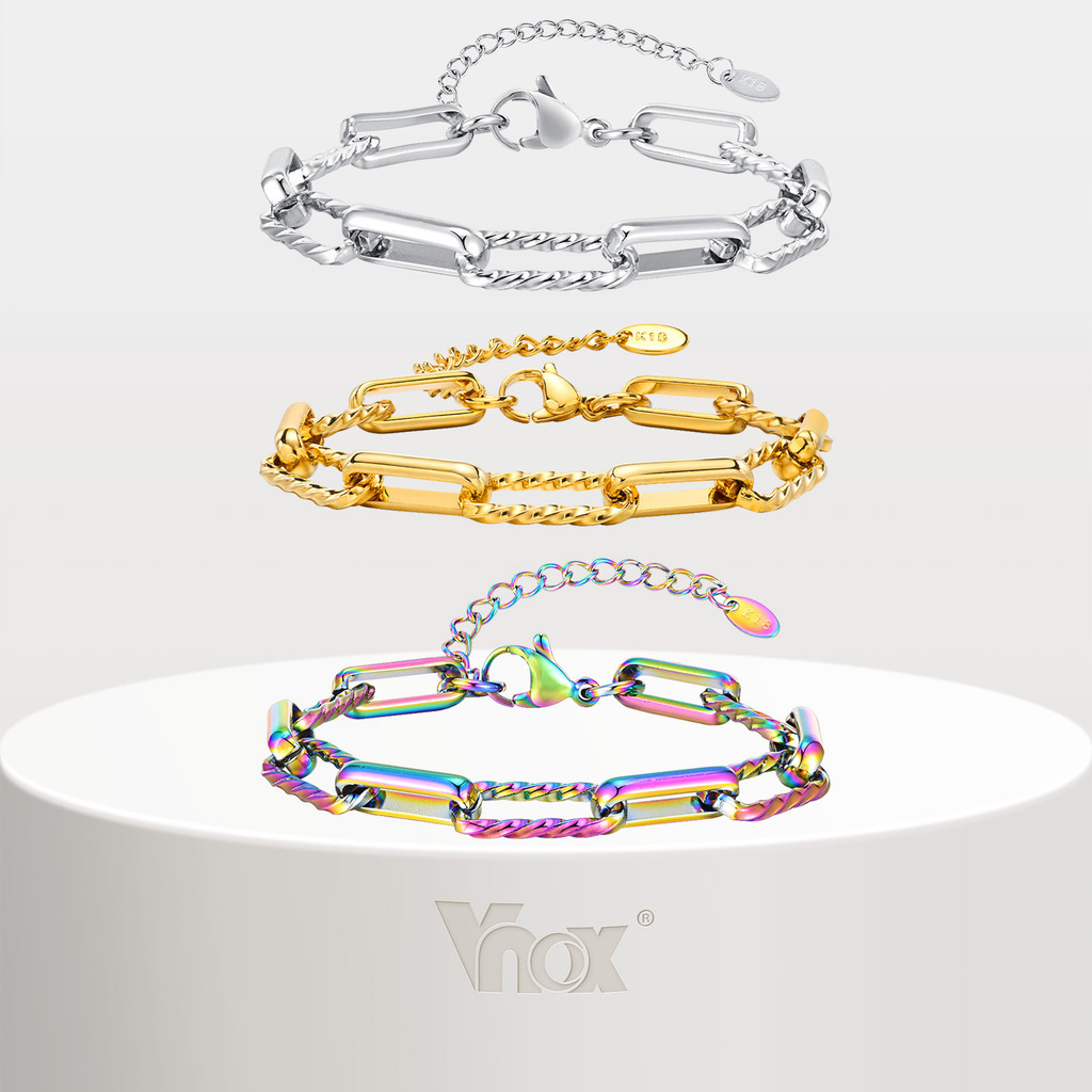 Vnox Paperclip Chain Bracelet,18K Gold Plated Stainless Steel Chain Bracelet,Chunky Stackable Layere