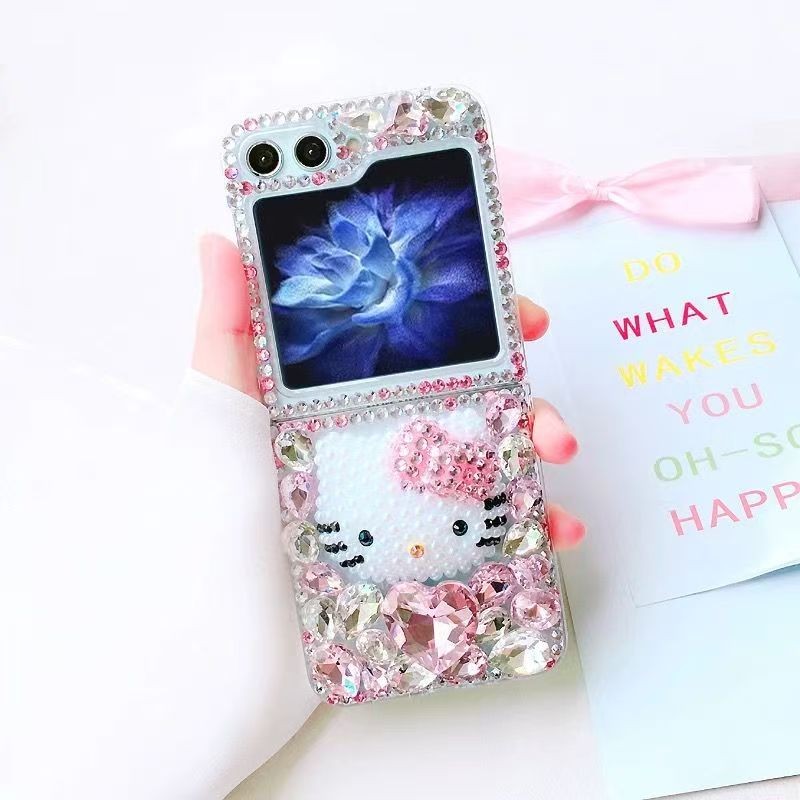 เคสเพชรเต็มโบว์สีชมพู KT Samsung หน้าจอพับ Z Flip3 4 5 6 7 7FE 8 เคสโทรศัพท์ Rhinestone OPPO FindN3Flip/N2Flip Flip เคสป้องกัน