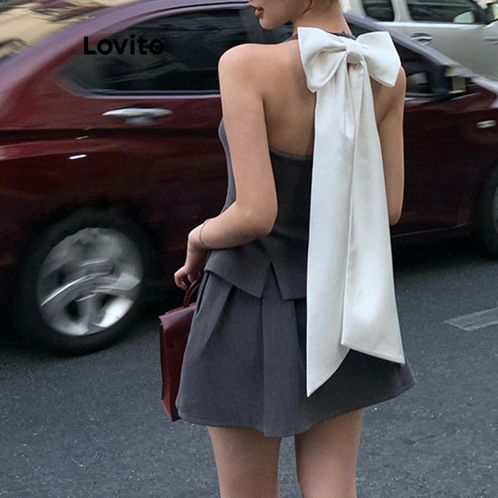 Lovito ชุดเซ็ทกระโปรง มีกระดุม สีพื้น สไตล์ลำลอง สำหรับผู้หญิง LNA66390
