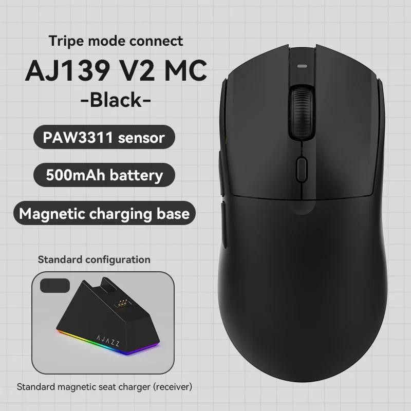 AJJAZZ AJ139 V2 MC เมาส์ไร้สาย Tri-mode RGB ฐานแม่เหล็ก 500mAh แบตเตอรี่ยาว PAW3311 12000DPI 66g การ