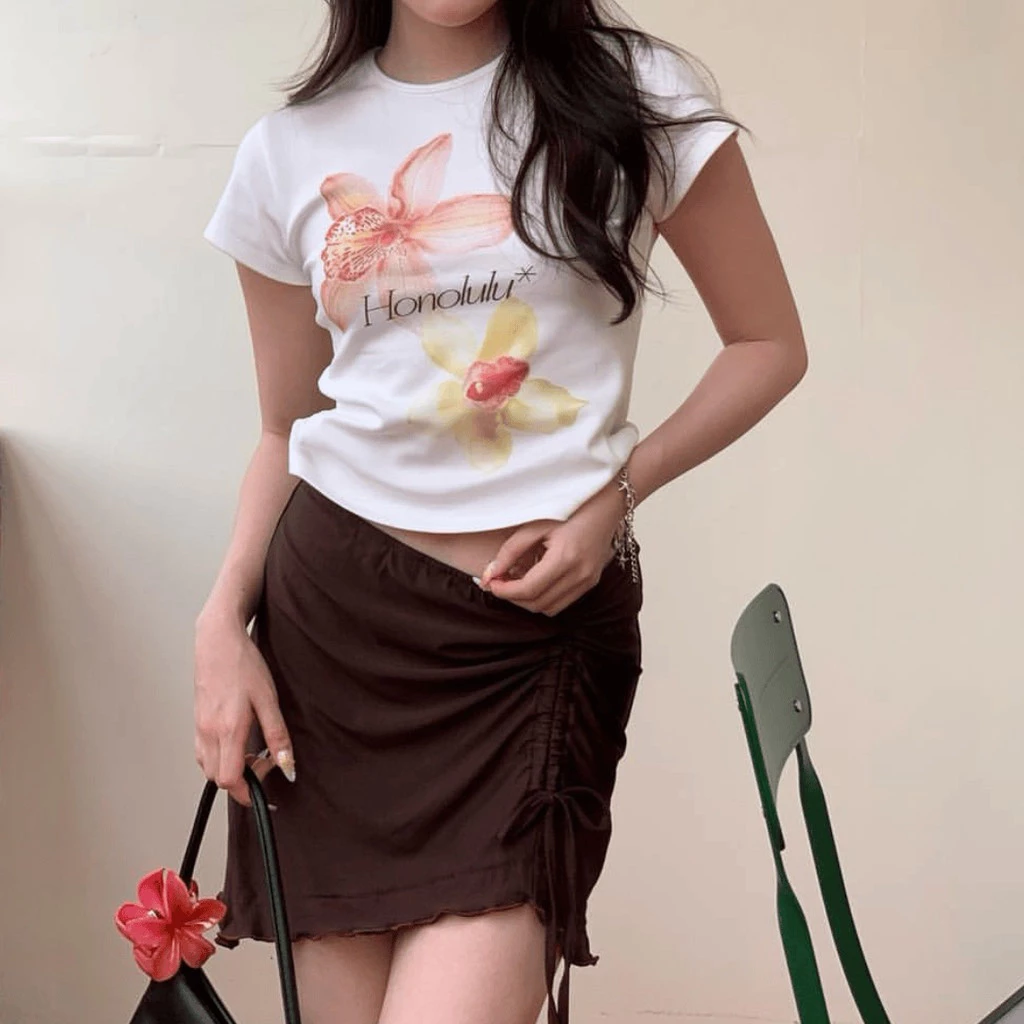 MAO Shop เสื้อครอปท็อปแขนสั้น ลายดอกไม้ Baby Tee thumbnail 5