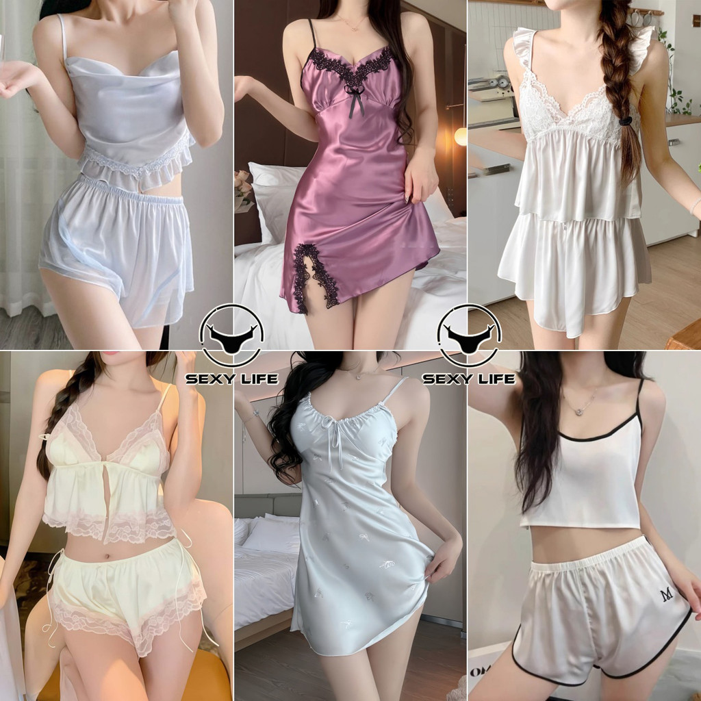 เซตชุดนอน  ผ้าซาติน ลูกไม้  สายเดี่ยว   สไตล์เซ็กซี่    เดรส  หลากหลายสไตล์  สวมใส่สบาย   ส่งไวจากไทย