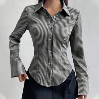 Chili Koko เสื้อเชิ้ตแขนยาวแฟชั่นสำหรับผู้หญิง เสื้อเชิ้ตลาย…