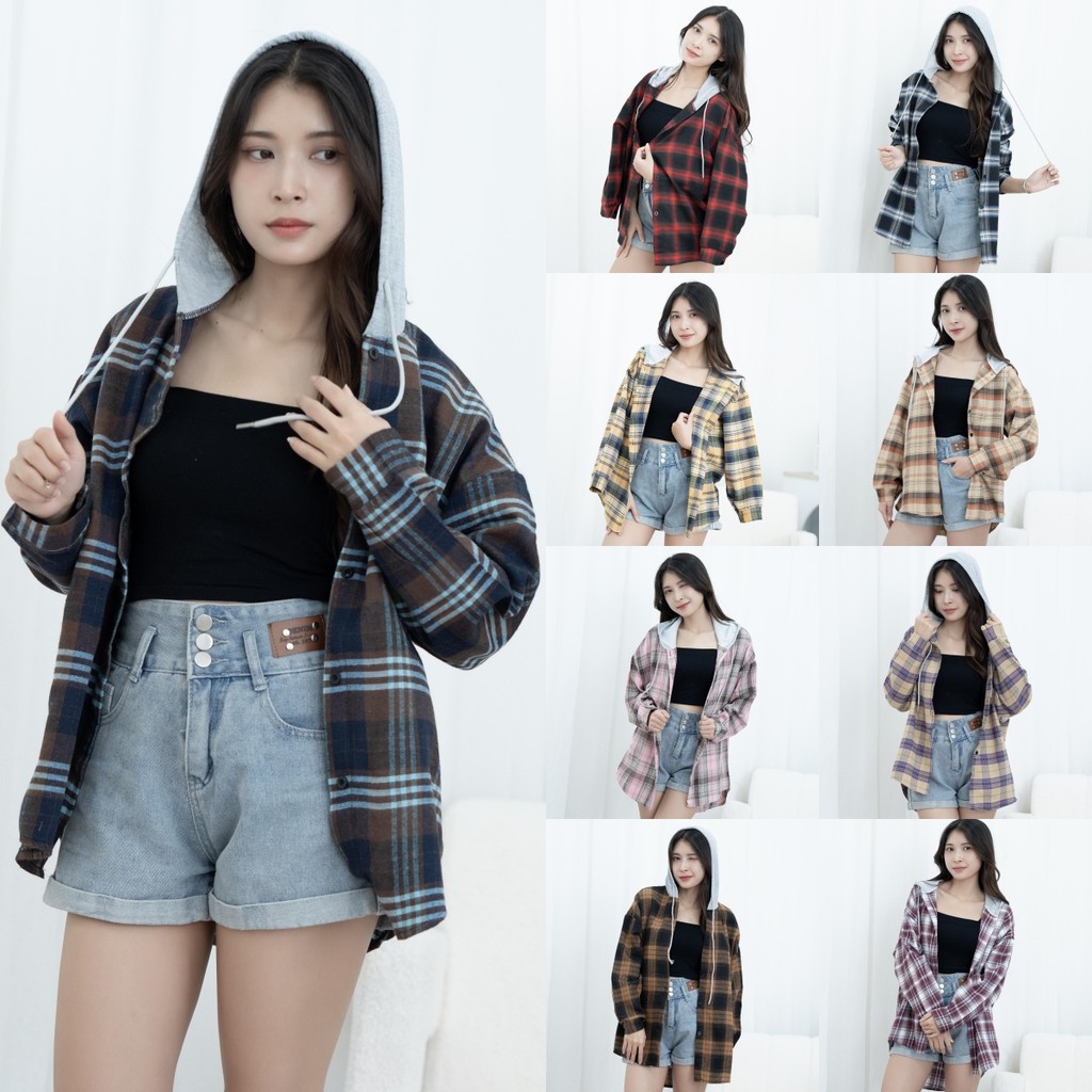 suysuy พร้อมส่ง  เสื้อคลุม เสื้อฮู้ด แขนยาว ลายสก็อต สไตล์เกาหลี ผ้าใส่สบาย