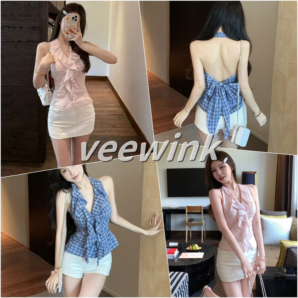 Veewink พร้อมส่งจากกทม ท็อปส์ซูของผู้หญิง ลายสก๊อตน่ารัก เสื้อกล้ามหรูหราเสื้อกล้ามสีพื้นลายสก๊อตสําหรับผู้หญิง