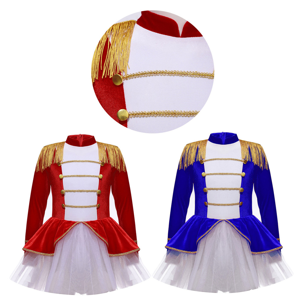 Yeahdor สาวคริสต์มาส Circus เครื่องแต่งกายแขนยาวพู่ Epaulet ตาข่าย Tutu Leotard Jumpsuit เครื่องแต่งกายประสิทธิภาพเทศกาลปาร์ตี้เครื่องแต่งกายคอสเพลย์