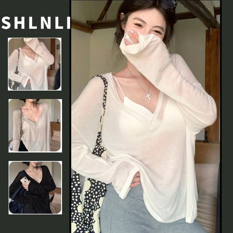 เสื้อแขนยาวแบบวี넥สำหรับฤดูร้อน ออกแบบให้สวมใส่ง่าย อากาศถ่ายเทได้ดี เหมาะสำหรับผู้หญิงทุกวัน
