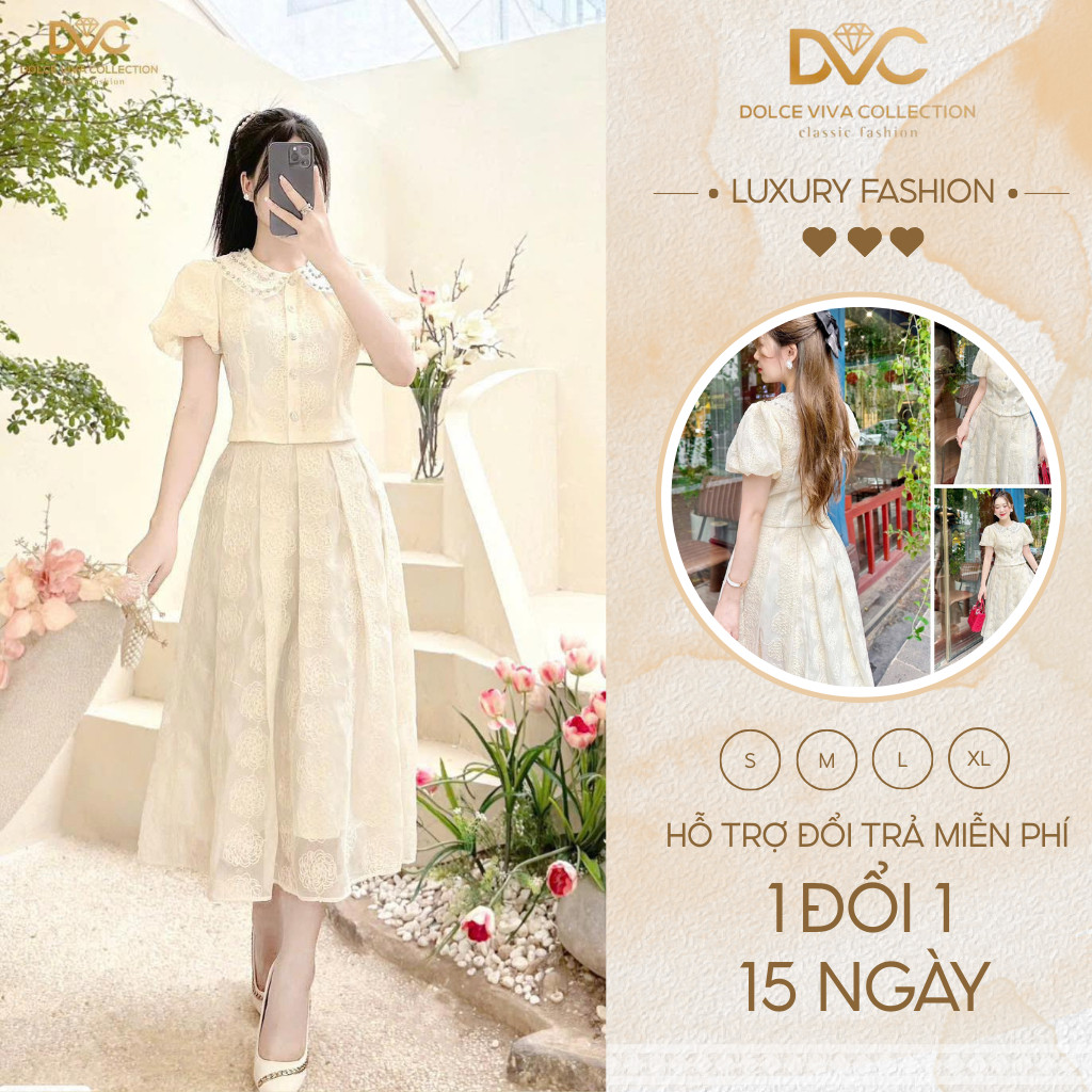 Set top พร้อมกระโปรงคอปกลูกไม้มีหิน ดีไซน์ไฮเอนด์ S5006 - ของแท้ DVC