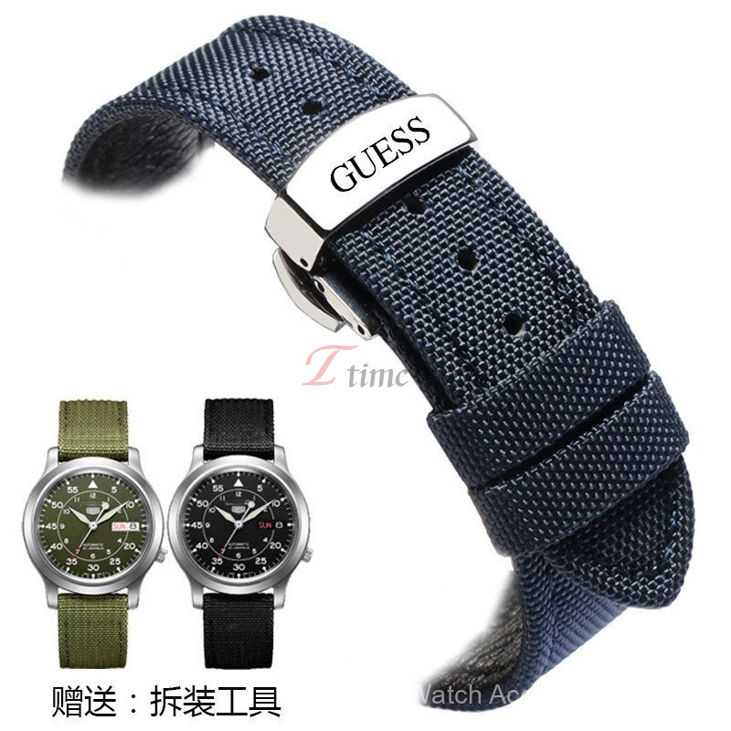 สายนาฬิกาที่เข้ากันได้กับ GUESS - สายผ้าใบและหนังแท้ขนาด 18-24 มม. พร้อมตัวล็อคแบบเข็ม/ผีเสื้อ ปลายต
