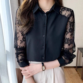 เสื้อเชิ้ตแขนยาว ผสมผ้าชีฟอง ลูกไม้ ทรงสวย