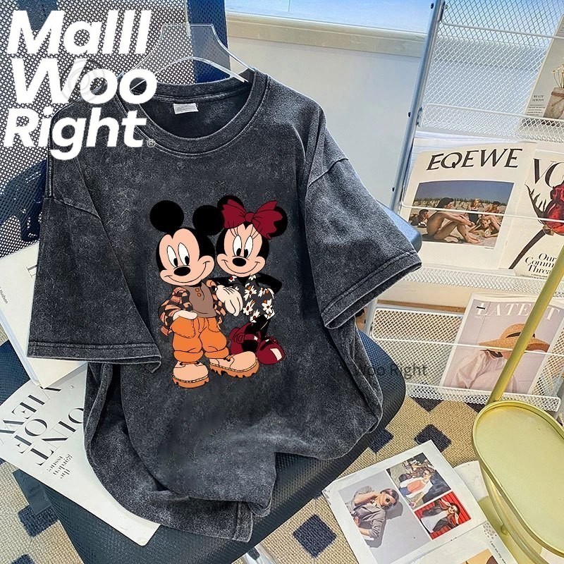 (จัดส่งตลอด 24 ชั่วโมง)Woo Right ฤดูร้อนล้างเสื้อยืดผ้าฝ้ายคอกลมแฟชั่นแขนสั้นหลวมด้านบนเก่า 15