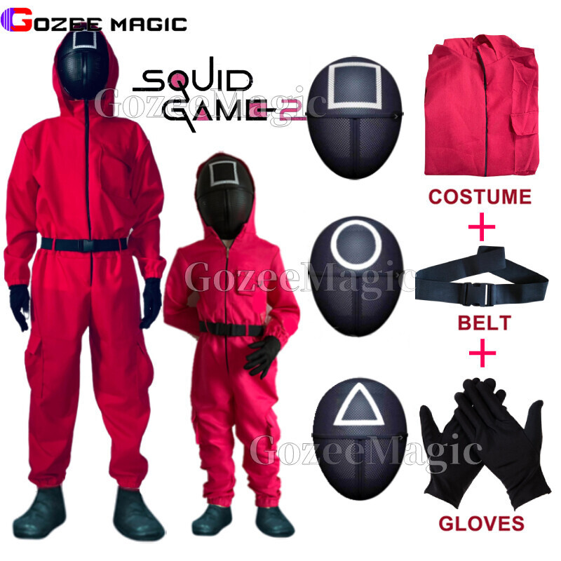 【Local shipping】ชุดคอสเพลย์เกมปลาหมึก, สำหรับผู้ใหญ่และเด็ก, ชุดจั๊มสูท+หน้ากาก+เข็มขัด+ถุงมือ, ครบชุด, สำหรับผู้ชายและผู้หญิง, เหมาะสำหรับปาร์ตี้ฮาโลวีน, เสื้อผ้า เกมปลาหมึก เสื้อผ้าเล่นละคร Cosplay