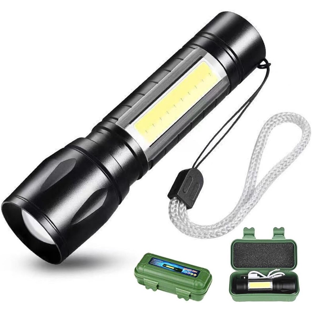 ไฟฉาย USB ไฟฉายแรงสูงซูม ไฟฉายแสงจ้า พลาสติก USB ชาร์จ LED มินิกล้องส่องทางไกลซูม LED XPE+COB 2in1 600mah