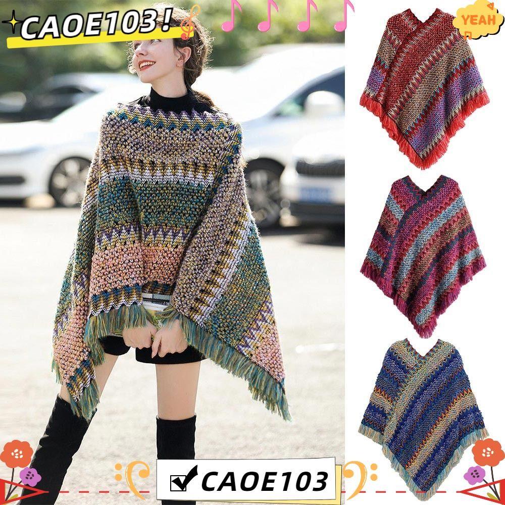 Caoe103 เสื้อสวมหัวพู่ผ้าคลุมไหล่,โพลีเอสเตอร์สไตล์ชาติพันธุ์มองโกเลีย Poncho, Coat Overlays ฤดูหนาวที่อบอุ่นลายถัก Cape ผู้หญิงแฟชั่น