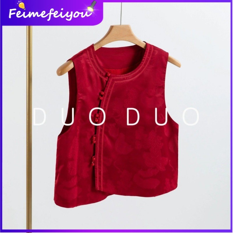 [ยิงจริง]ใหม่สไตล์จีน Cny Festive Retro ฤดูใบไม้ร่วงฤดูหนาวผู้หญิง Jacquard Frog Button Vest
