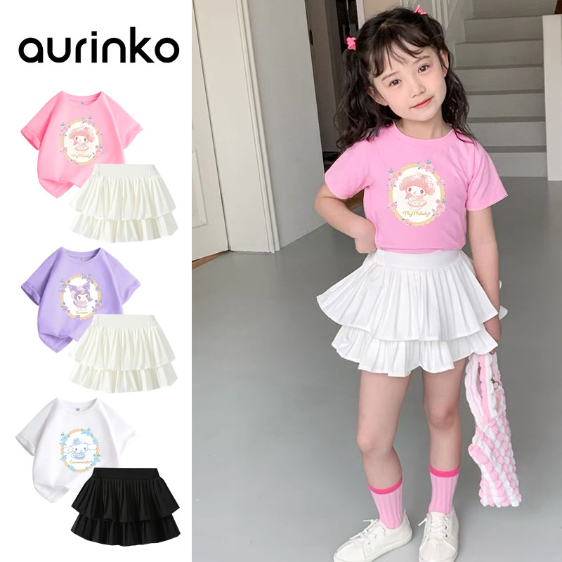 [Aurinko]Kuromi ชุดเด็กพิมพ์ลายการ์ตูนสุดน่ารัก (แขนสั้น + กระโปรงและกางเกง)  ใส่สบาย ชุดเด็กผู้หญิง ชุดเล่นสงกรานต์เด็ก  3-12 ปี