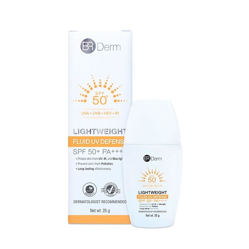 BR Derm Lightweight fluid UV defense SPF50 + PA++++ ผลิตภัณฑ์กันแดดเนื้อโลชั่นสีเบจ เนื้อบางเบา เกลี