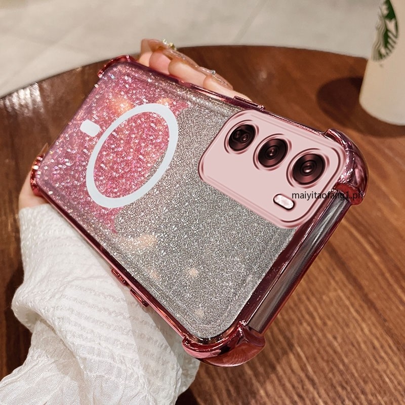 เคส oppo reno12 pro 5g reno 12 5g 2024 เคสโทรศัพท์ 2025 สไตล์ใหม่แม่เหล็กชาร์จเร็วกาวกรณีสี่มุม Glitter Electroplating โปร่งใสนุ่มกรณีเลนส์ป้องกันกันกระแทก RFVTGBYHZ