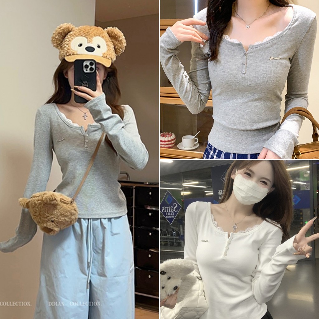 Luna Shop 🍒 พร้อมส่ง 💕เสื้อยืดแขนยาวผู้หญิงลูกไม้เกาหลี เสื้อแขนยาวกระชับสัดส่วน