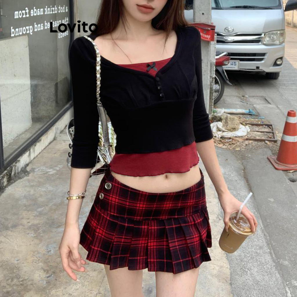 Lovito เสื้อเชิ้ตหรือกระโปรงผู้หญิงแบบลำลองสีพื้นสีบล็อกด้านบนหรือกระโปรงสำหรับผู้หญิง LNA69362