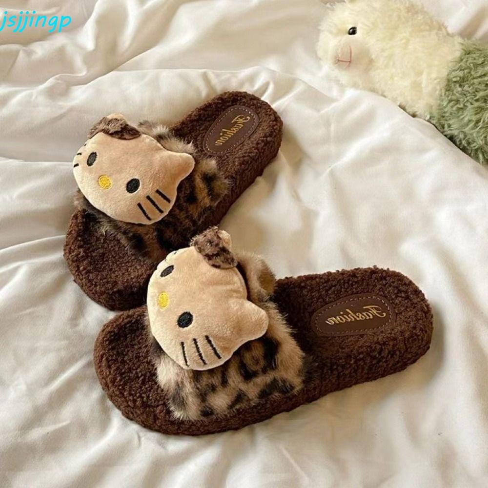 Jsjjingp รองเท้าแตะตุ๊กตา Kitty, รองเท้าแตะขนสัตว์อุ่นบ้านปุย, นักเรียน Kawaii ในร่มกลางแจ้ง Anti Slip Y2k รองเท้าแตะเสือดาวด้านนอก
