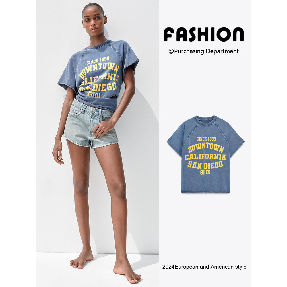 ZARA2025 ฤดูร้อนผลิตภัณฑ์ใหม่ผู้หญิง All-Match พิมพ์ Washing Effect Flannel เสื้อยืดแขนสั้น 3253368 400
