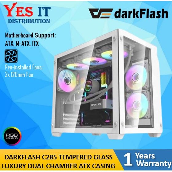 Casing PC DarkFlash C285 WHITE Tempered Glass Gaming Case