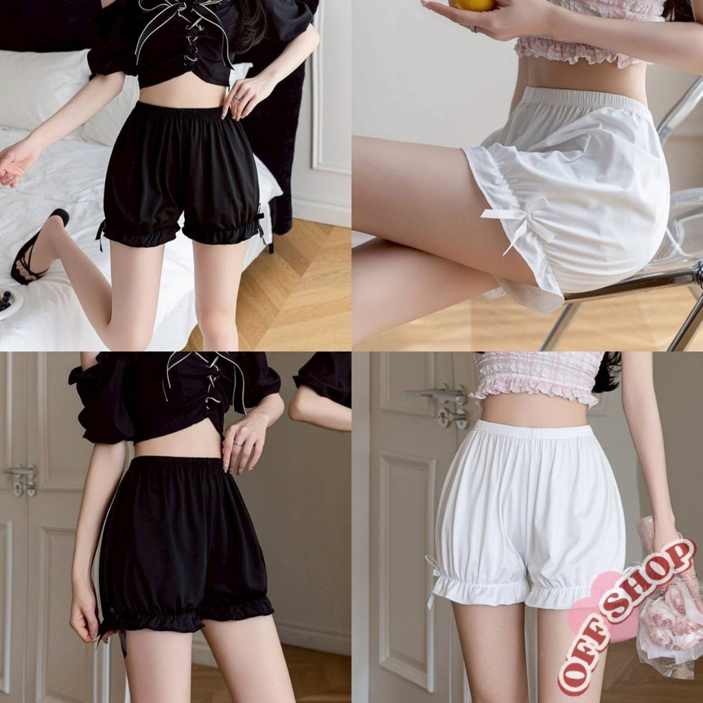 OFF SHOP 🥻ใหม่ 2025 กางเกงขาสั้น เอวสม๊อคสีพื้น ทรงพองเกาหลี กางเกงขาสนั' KK360