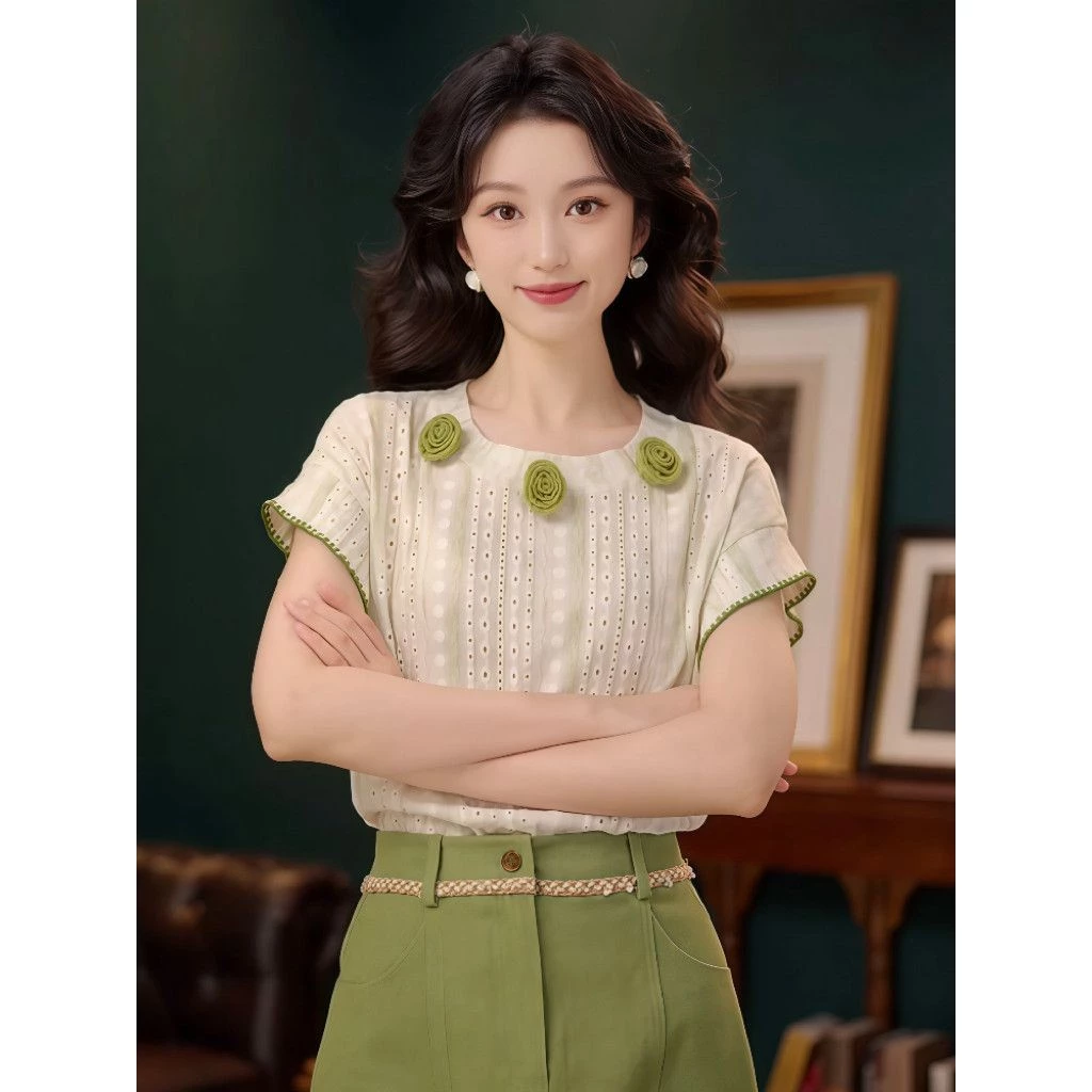 เสื้อแขนสั้นลายดอกไม้ สไตล์เกาหลี สำหรับสุภาพสตรี ไซส์ S-XL thumbnail 5