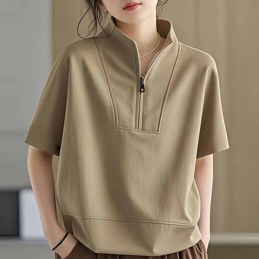 AJL มิถุนายนเปิดตัวสุภาพสตรีเสื้อยืดแขนสั้นครึ่งซิปด้านบน 2025 ฤดูร้อนไขมันเล็กน้อย mm หลวม Slimmer 