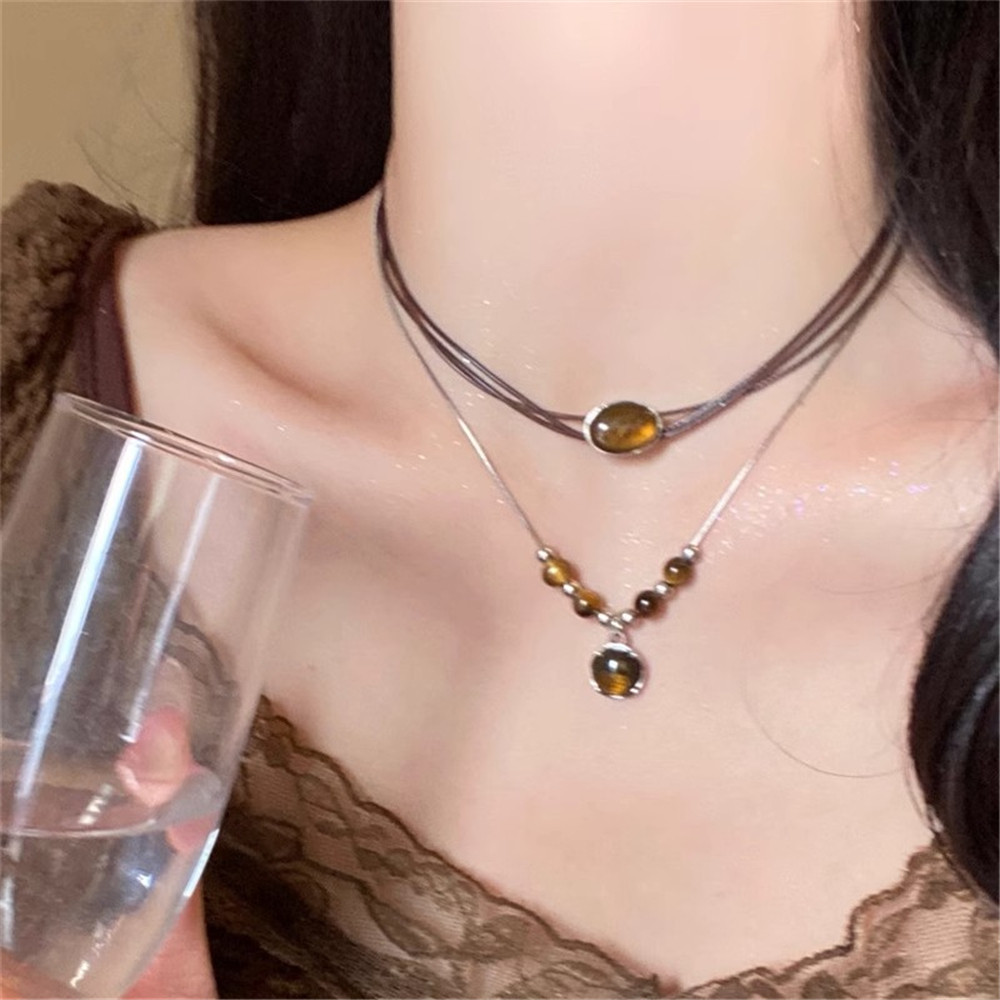 เลียนแบบ LeatheTiger Eye Stone สร้อยคอสําหรับสาว Retro แฟชั่นสร้อยคอสร้อยคอ Stackable Clavicle Chain ใหม่สไตล์จีน