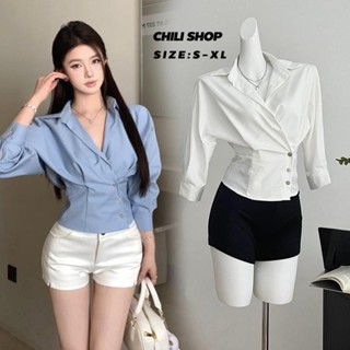 Mimi&didi#เสื้อเชิ้ตคอวีกระดุมแถวเดียวของผู้หญิง เอวเข้ารูปพ…