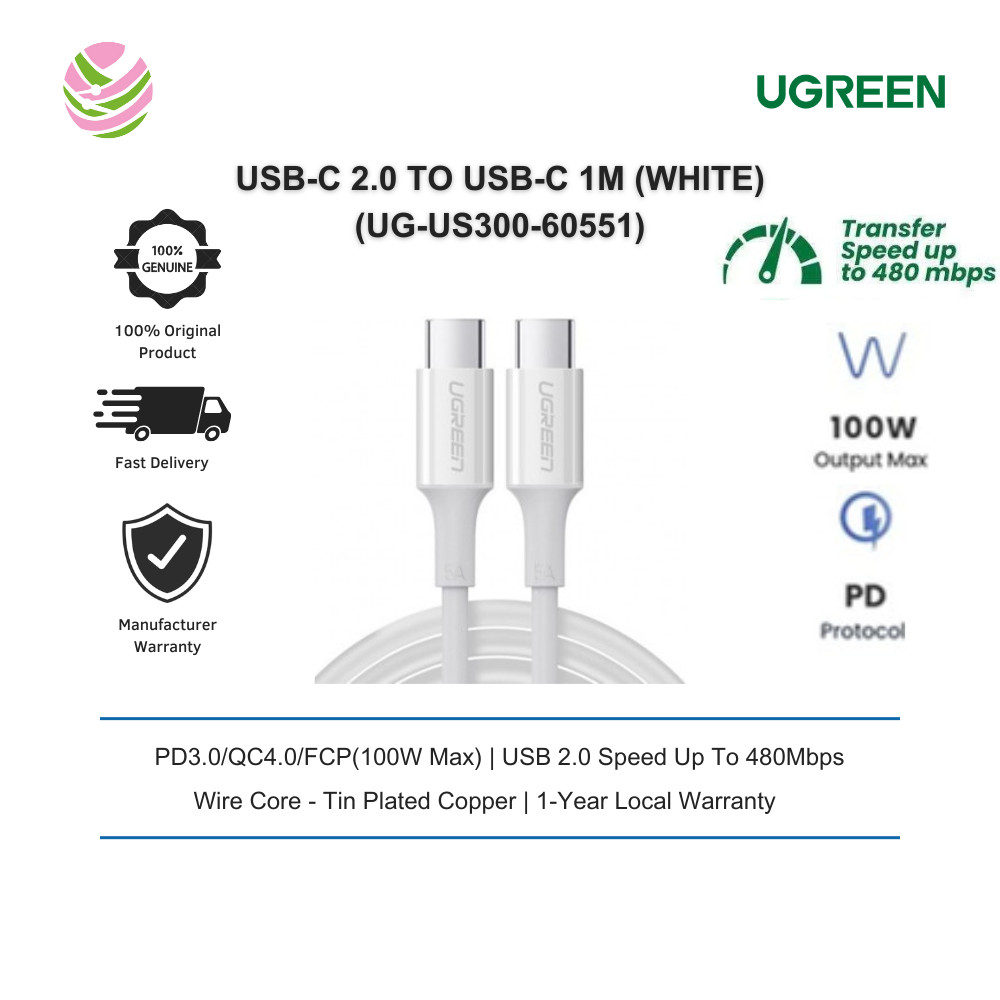 UGREEN สาย USB-C 2.0 เป็น USB-C 100W 1M (สีขาว) UG-US300-60551
