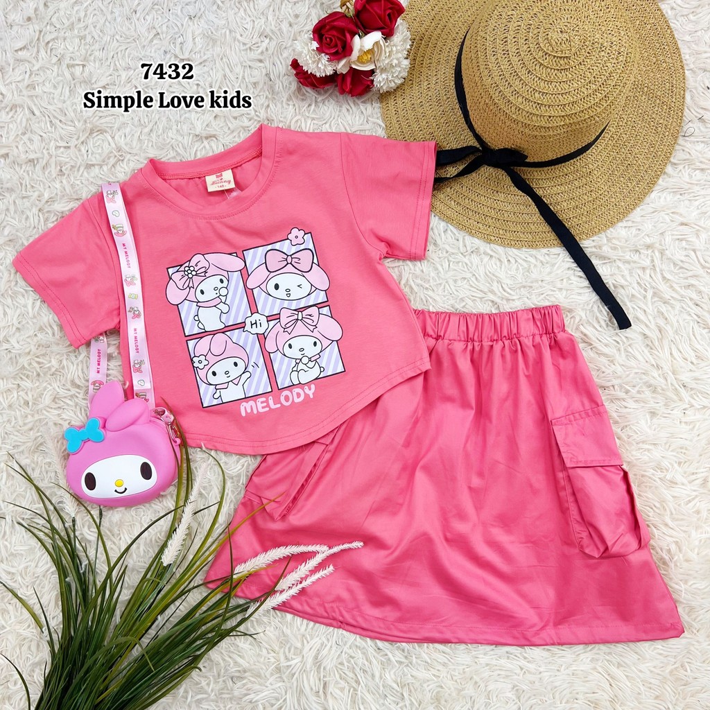 [Simple Love Kids] เสื้อยืดลายการ์ตูนสําหรับเด็กผู้หญิงพร้อมกระโปรงและกระเป๋า 7432