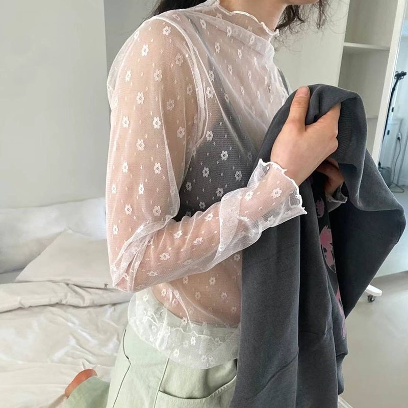 เสื้อยืดแขนยาวซีทรูสำหรับสาวฮอตสำหรับผู้หญิงกระโปรงสายเดี่ยวสำหรับฤดูร้อนกับผ้าโปร่งด้านในและด้านนอกเสื้อกันแดดผ้าไหมน้ำแข็งเสื้อตาข่ายเสื้อถักกำมะหยี่ผม lsko