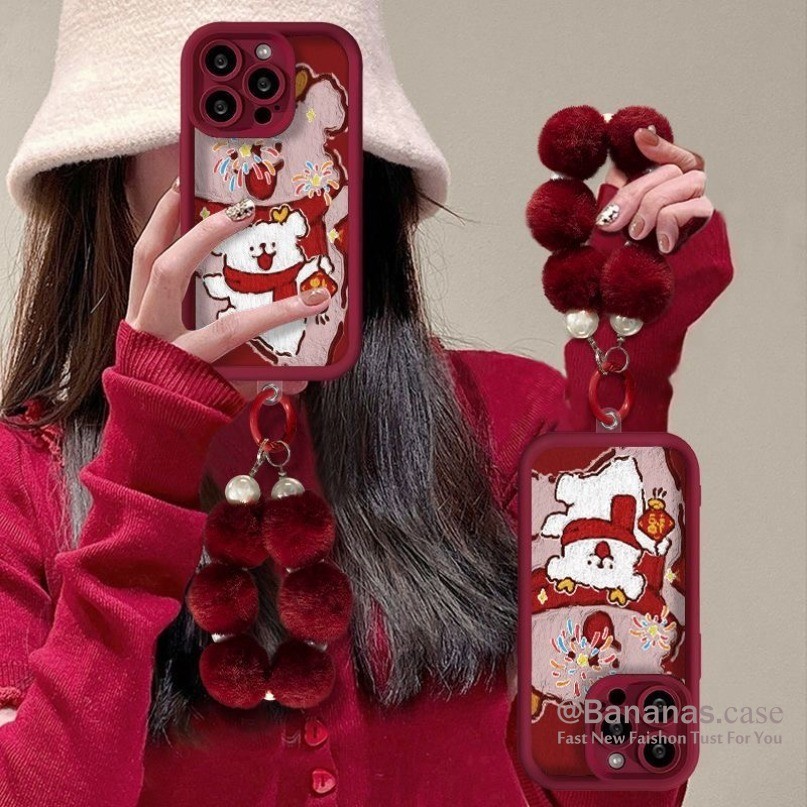 Iphone 16 15 14 13 12 11 Pro Max X Xr Xs Max 7 8 Plus SE2020 เคสโทรศัพท์น่ารักปีใหม่ Happy Dog + Lanyard คู่นุ่มปกหลัง