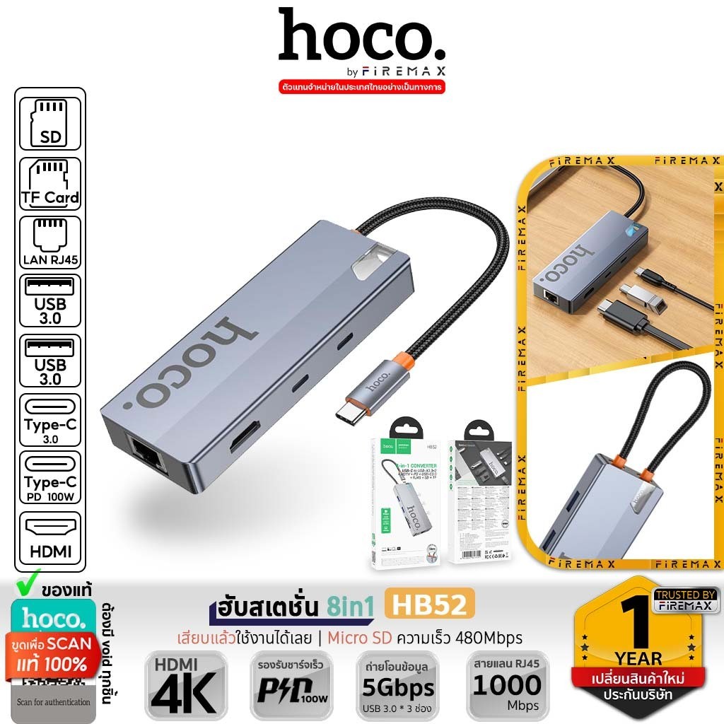 HOCO HB52 ฮับอะแดปเตอร์ Type-C to 4K HDMI + RJ45 + SD / TF Card + PD + Type-C 3.0 + USB 3.0 *2 hc5