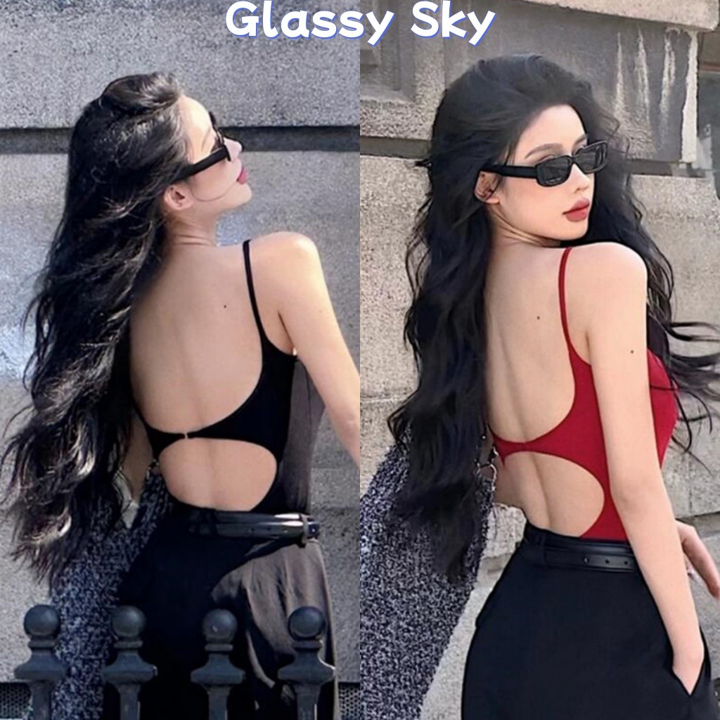 Glassy Sky💖พร้อมส่ง💖ดีไซน์ผ่าไหล่สายเดี่ยว   สายเดี่ยว หลังเซ็กซี่ จั๊มสูท เสื้อกล้ามผู้หญิง(FY2634-1)