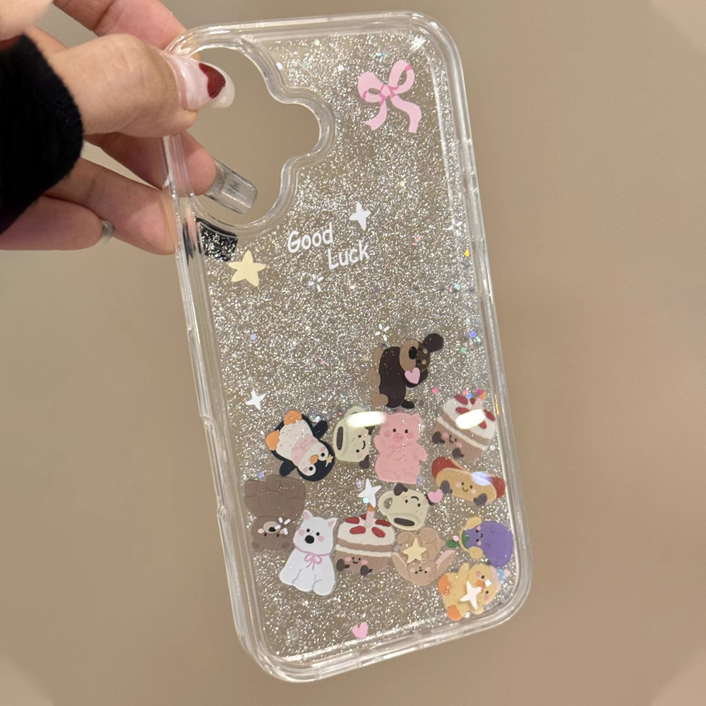 น่ารักการ์ตูนjelly Catสัตว์GlitterกรณีIphone 11 Dynamic Liquid QuicksandสําหรับIPhone 16 15 14 13 12 11 Pro Max ThickenอะคริลิคกันกระแทกHardปกหลัง