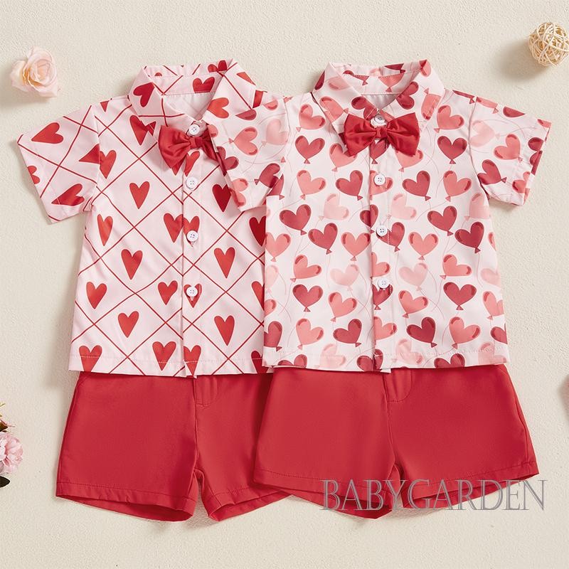 //-6Month-4years Baby Boy Valentines Day Clothes Set Heart Print Short Sleeve Button-up Bow Tie Shir