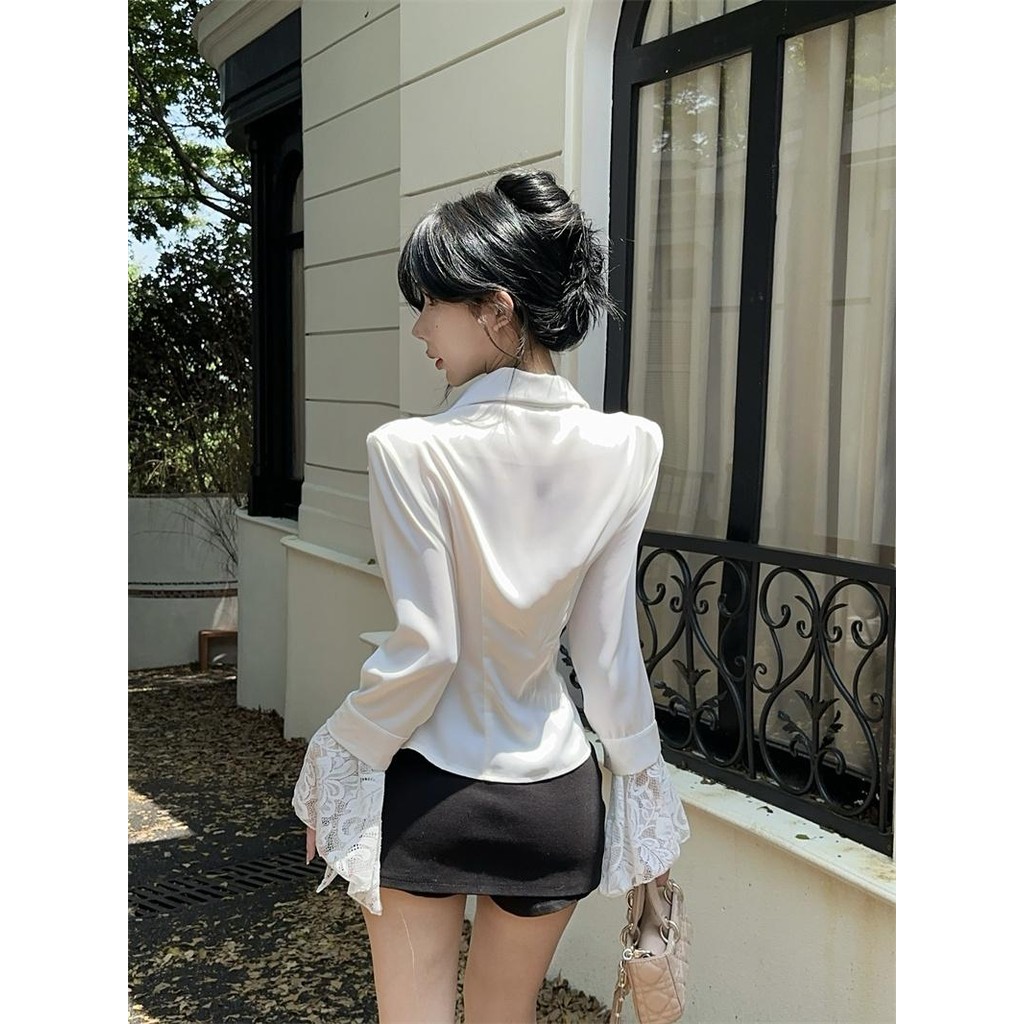 KOKO#คอวีสไตล์ฝรั่งเศสเสื้อแฟชั่นผู้หญิง กระชับเอว แขนแตรลูกไม้ เสื้อเชิ้ตลูกไม้สั้นผู้หญิง#w551 - รูปที่ 5